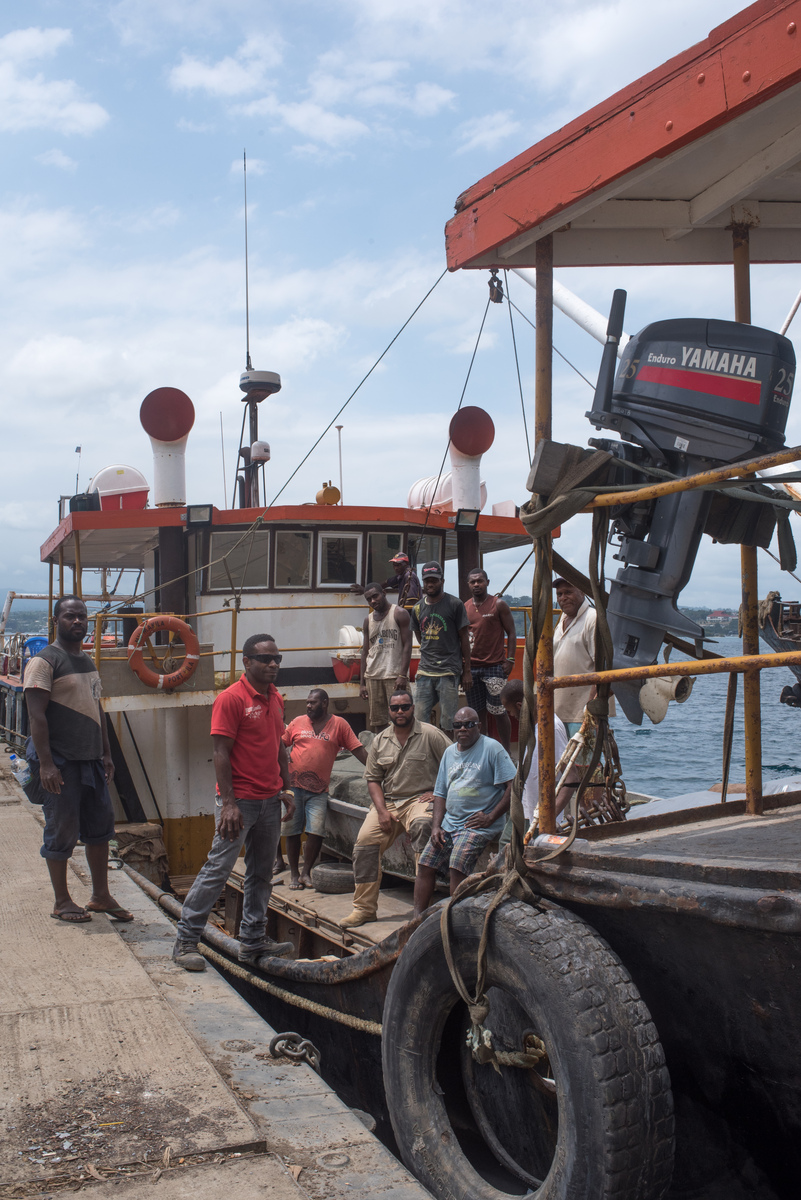 The crew of the MV Makila, one of the first ships to participate in the evacuation of Ambae island

