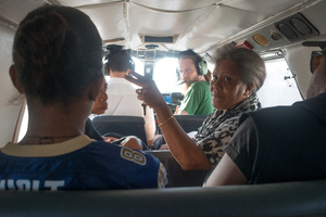 Ambae-born Nadia Kanegai gives a last-minute briefing to her team of volunteers as they prepare to land in Walaha, west Ambae.
