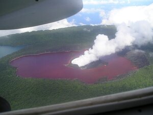 During an eruption of the volcano on mount Manaro on Vanuatu's Ambae island, the entire lake, normally turquoise in colour, turned blood red in the course of two days. This photo was taken by a friend of mine, one of the team sent to survey the danger.
