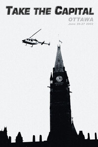 One of a series of images documenting (and propagandising)
the two days of protest against the brand of globalisation
espoused by the G8.
The surveillance helicopters were a constant and intrusive presence 
during both the marches held during the protest. This image provided
a fitting juxtaposition of symbols.
