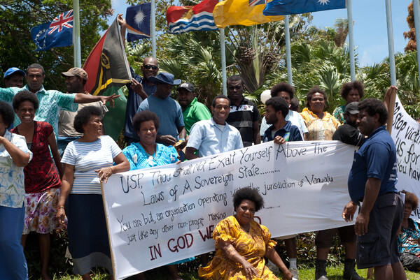 A picket that was set up briefly at the entrace to the University of the South Pacific's Emalus campus in Port Vila. Staff were protesting the University's decision to seek an exemption from recent changes to severance pay enacted by the Government of Vanuatu.
