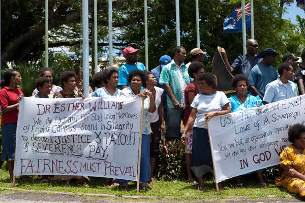 A picket that was set up briefly at the entrace to the University of the South Pacific's Emalus campus in Port Vila. Staff were protesting the University's decision to seek an exemption from recent changes to severance pay enacted by the Government of Vanuatu.
