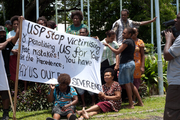 A picket that was set up briefly at the entrace to the University of the South Pacific's Emalus campus in Port Vila. Staff were protesting the University's decision to seek an exemption from recent changes to severance pay enacted by the Government of Vanuatu.
