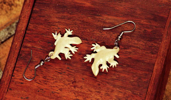 
These gecko earrings are made from Natangura nut. Its dense, long-lived
core is similar to ivory in colour and texture.

