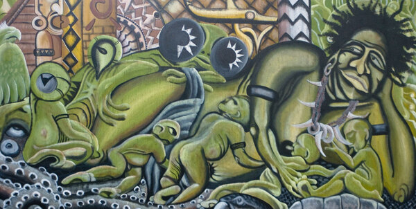 This (unfortunately unattributed) painting stands outside the 
National Museum in Honiara, Solomon Islands. It appears to depict
a local creation myth...
... Either that, or Melanesian tentacle porn. 8^)
