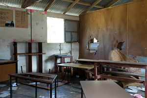 A classroom at the English school on Ifira island is still a shambles three months after cyclone Pam badly damaged the building.
