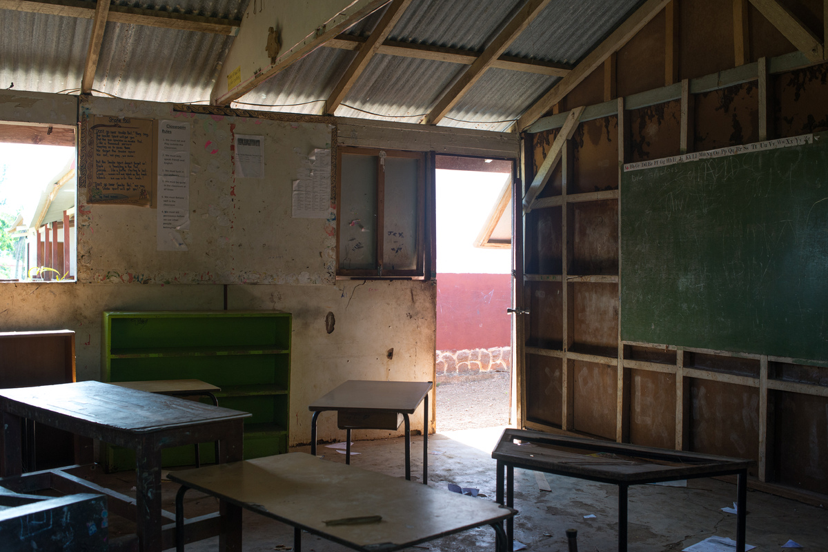 A classroom at the English school on Ifira island is still a shambles three months after cyclone Pam badly damaged the building.
