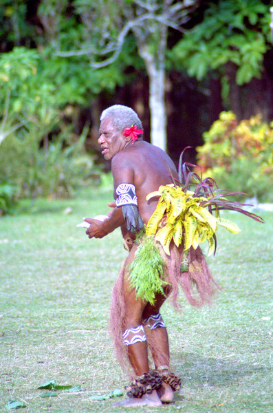 This photo is a rarety for a number of reasons, not the least
of which is the fact that I was allowed to take it at all.
All of the chiefs of Koiovo village in central Maewo performed
a tabu dance at the end of our stay there. Usually these events
are closed to outsiders and photography is strictly prohibited.
This man was one of the two lead dancers, a position that probably
took him most of his life to attain.

