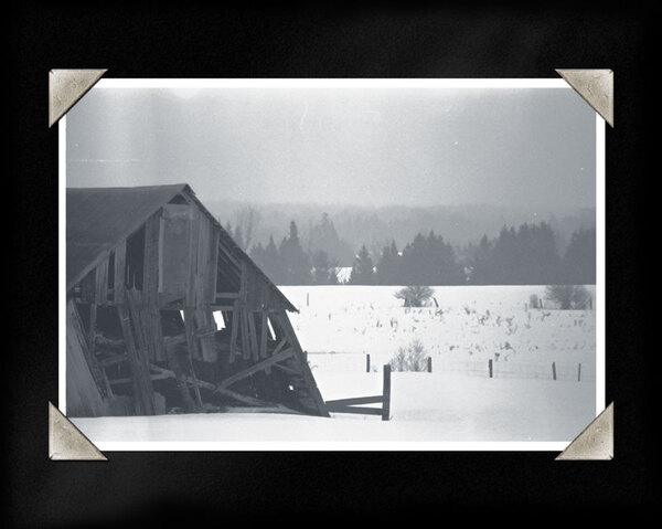 This is one of a series of photos I prepared with a vintage photo album
theme. The tilting barn listed a few degrees more every year for about
a decade. It collapsed almost exactly one year after this photo was taken.
