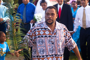 Chief Caspar leads the wedding party in a <em>kastom</em> dance.
The namele leaf in his hand is a <em>tabu</em> symbol here in Vanuatu.
