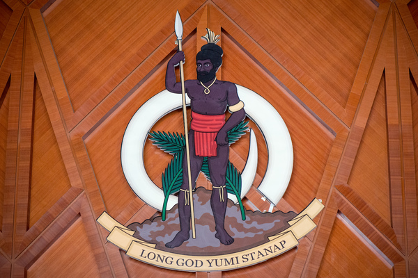 The coat of arms of Vanuatu in the Convention Centre's main foyer.

