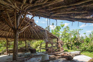 The partially destroyed roof of a resting area in a botanical garden near Port Vila.
