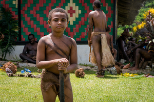 Kastom dancers on Chiefs' Day outside the Chiefs' Nakamal in Port Vila.
