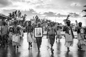 Futunese kastom chiefs lead the procession as Edward Natapei's body is escorted to Parliament, where it lay in state.
