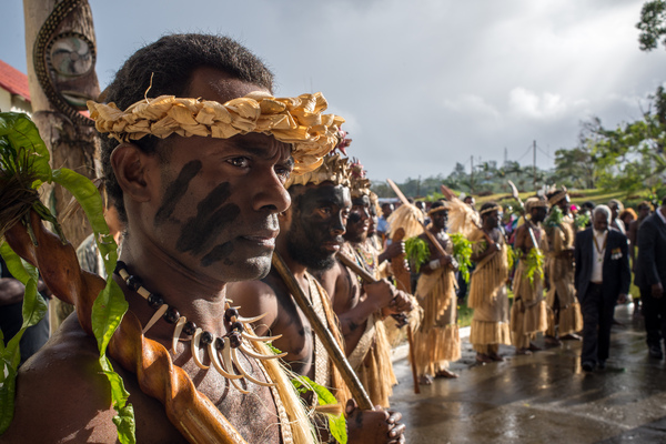 A Futunese honour guard at the entrance to Parliament, where Edward Natapei is lying in state.
