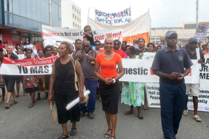 Florence Lengkon leads a march calling for an end to violence against women in Vanuatu.
