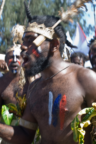 An energetic young man in kastom garb shouts his support for the cause of West Papuan independence. It's a touchy subject for Indonesia's allies. Vanuatu is one of the few nations where independence activitists are safe and supported.
