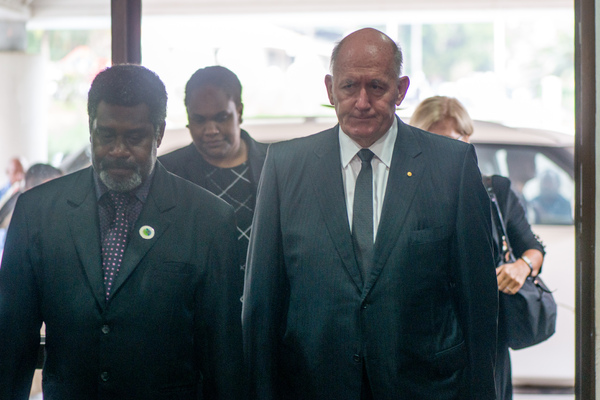 Governor General of Australia Peter Cosgrove enters Parliament to attend the state funeral of Vanuatu President Baldwin Lonsdale.
