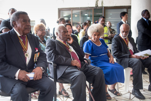Past Presidents of Vanuatu sitting together at the funeral of President Baldwin Lonsdale
