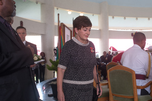 Governor General of New Zealand Dame Patsy Reddy enters Vanuatu's Parliament to attend the state funeral of President Baldwin Lonsdale.
