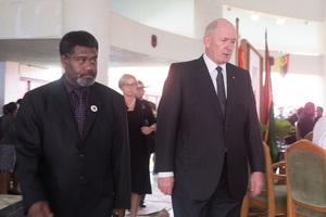 Governor General of Australia Peter Cosgrove enters Parliament to attend the state funeral of Vanuatu President Baldwin Lonsdale.
