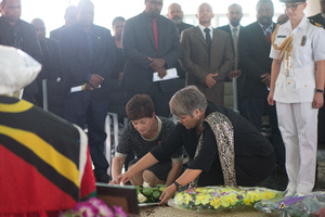 Governor General of New Zealand Dame Patsy Reddy and High Commissioner Georgina Roberts lay a wreath just prior to the state funeral of President Baldwin Lonsdale.
