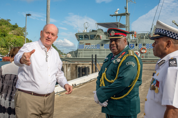 Governor General of Australia Peter Cosgrove visits the Mala naval base and inspects the Vanuatu Police Maritime Wing.
