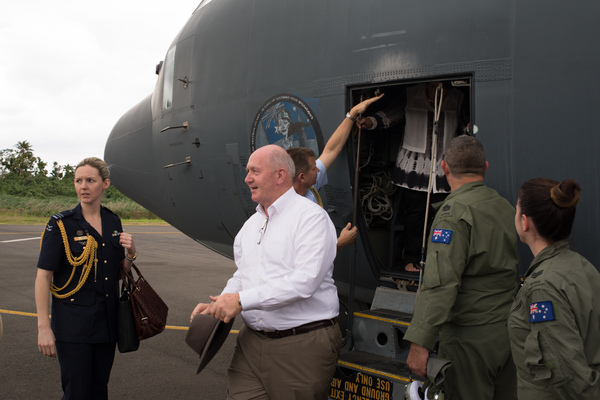 Australian governor general Peter Cosgrove's visit to Tanna underlines how much work remains to be done in the aftermath of cyclone Pam. Disembarking from an RAAF C130 on Tanna island.
