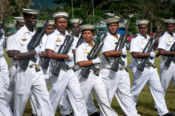 Members of the POlice Maritime Wing march during the 2017 Independence Day celebrations.
