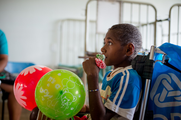 Miss Vanuatu Valerie Martinez visits the children's ward at Vila Central Hospital.
