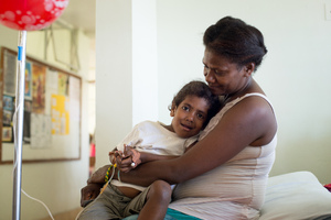 Miss Vanuatu Valerie Martinez visits the children's ward at Vila Central Hospital.
