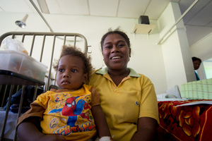 Miss Vanuatu Valerie Martinez visits the children's ward at Vila Central Hospital.
