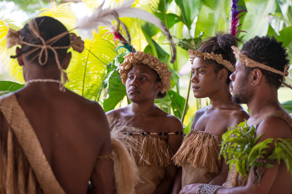 Futunese kastom dancers waiting to greet Prime Minister Joe Natuman at the opening ceremony for Pacific ICT Days 2015.
