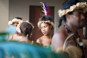 Futunese kastom dancers waiting to greet Prime Minister Joe Natuman at the opening ceremony for Pacific ICT Days 2015.
