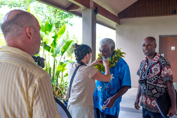 Prime Minister Joe Natuman at the opening ceremony of Pacific ICT Days 2015. Here, he is preparing for an interview the a Canadian documentary film crew.
