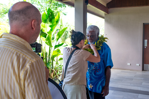 Prime Minister Joe Natuman at the opening ceremony of Pacific ICT Days 2015. Here, he is preparing for an interview the a Canadian documentary film crew.
