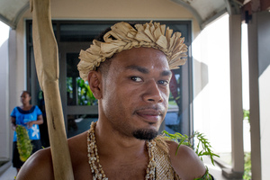 Kastom dancers from Futuna welcome Prime Minister Joe Natuman to the opening ceremony of Pacific ICT Days 2015.
