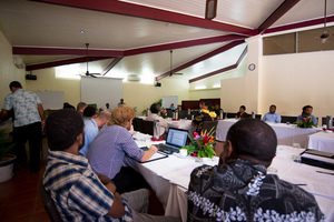 Prime Minister Moana Carcasses Kalosil speaks at the meeting in which the committee formally endorsed the draft national ICT policy.
