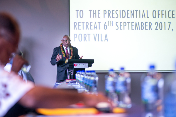President Tallis opens the first ever presidential office planning retreat at the Ramada Resort in Port Vila.
