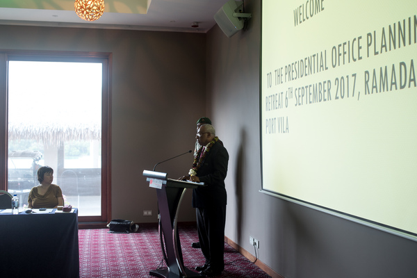 President Tallis opens the first ever presidential office planning retreat at the Ramada Resort in Port Vila.
