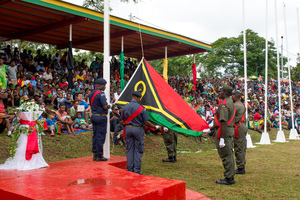The colour guard raises Vanuatu's flag during celebrations marking the 35th anniversary of independence in Port Vila.
