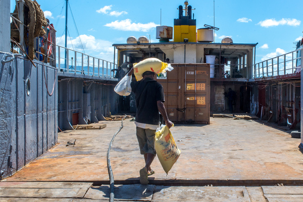 A locked container holding relief supplies has been loaded onto the MV Tauraken for delivery to TAFEA outer islands.
