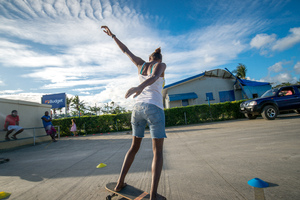 The Vanuatu National Surfing team does a little dry-land training. Boucherie Furet very kindly allowed its parking lot to be repurposed for a day as a dry-land training ground. The team members used specially crafted skateboards designed to mimic a surfboard's feel as the trainees run the slalom course. The team, aged between 10 and 35 years old, will compete in the Melanesian Cup next month in Noumea.
