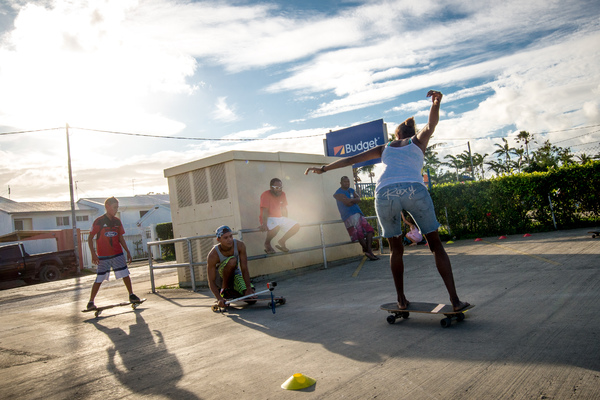 The Vanuatu National Surfing team does a little dry-land training. Boucherie Furet very kindly allowed its parking lot to be repurposed for a day as a dry-land training ground. The team members used specially crafted skateboards designed to mimic a surfboard's feel as the trainees run the slalom course. The team, aged between 10 and 35 years old, will compete in the Melanesian Cup next month in Noumea.
