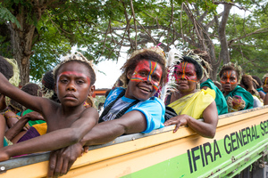 Kastom Dancers from Tanna arrived quite literally by the truckload at the 35th independence day ceremonies in Port Vila, Vanuatu. Over 400 of them performed in the finale.
