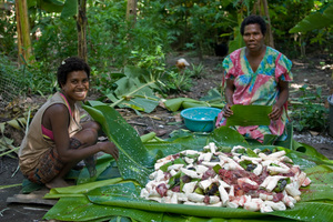 Tannese women showing off the bunia (roast pig with various root vegetables) they made for the weekend feast.
