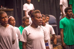 A member of Wan Smolbag Theatre's youth troupe performs in their play, 'Yumi Stap Wea?'
