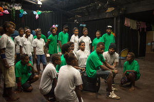 Members of Wan Smolbag Theatre's youth troupe perform in their play, 'Yumi Stap Wea?'
