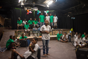 Members of Wan Smolbag Theatre's youth troupe perform in their play, 'Yumi Stap Wea?'
