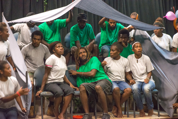 Members of Wan Smolbag Theatre's youth troupe perform in their play, 'Yumi Stap Wea?'
